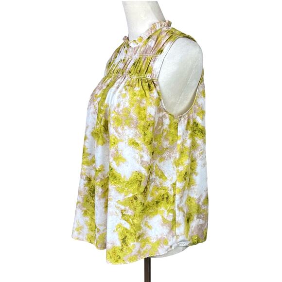 Joie Fern Yellow Green Print Smocked High Neck Sleeveless A-line Swing Blouse - Picture 5 of 13